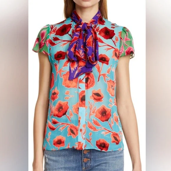 NWT ALICE + OLIVIA Sheer Floral Poppy Garden BlueBird Blouse with Neck Tie - Picture 6 of 16